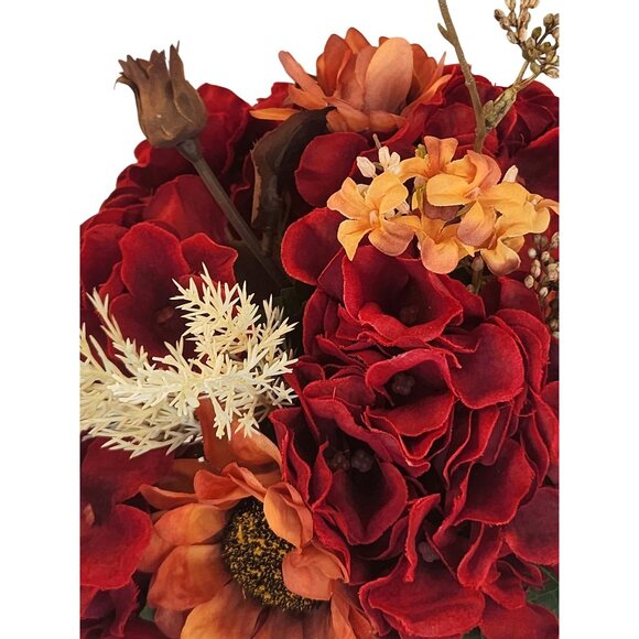 Artificial Fall Floral Bouquet Burgundy Hydrangeas & Orange Sunflowers | Rustic - Picture 13 of 15